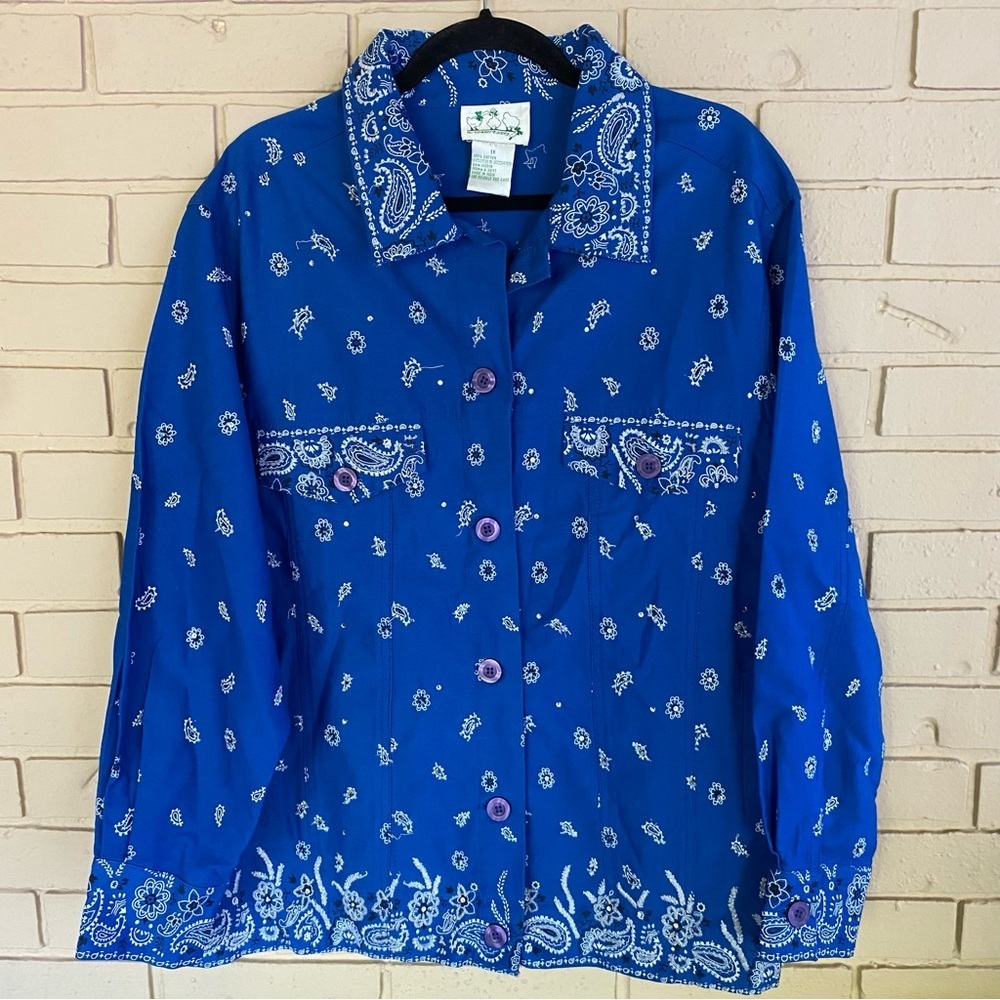 Quacker Factory Jacket Womens Plus 1X Blue Embroidered Beaded Floral Paisley